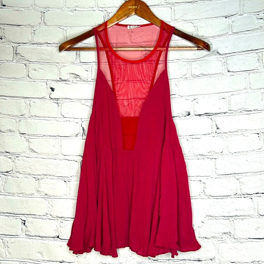Free People Burgundy Sleeveless Part Sheer Sleeveless Top Size X-Small